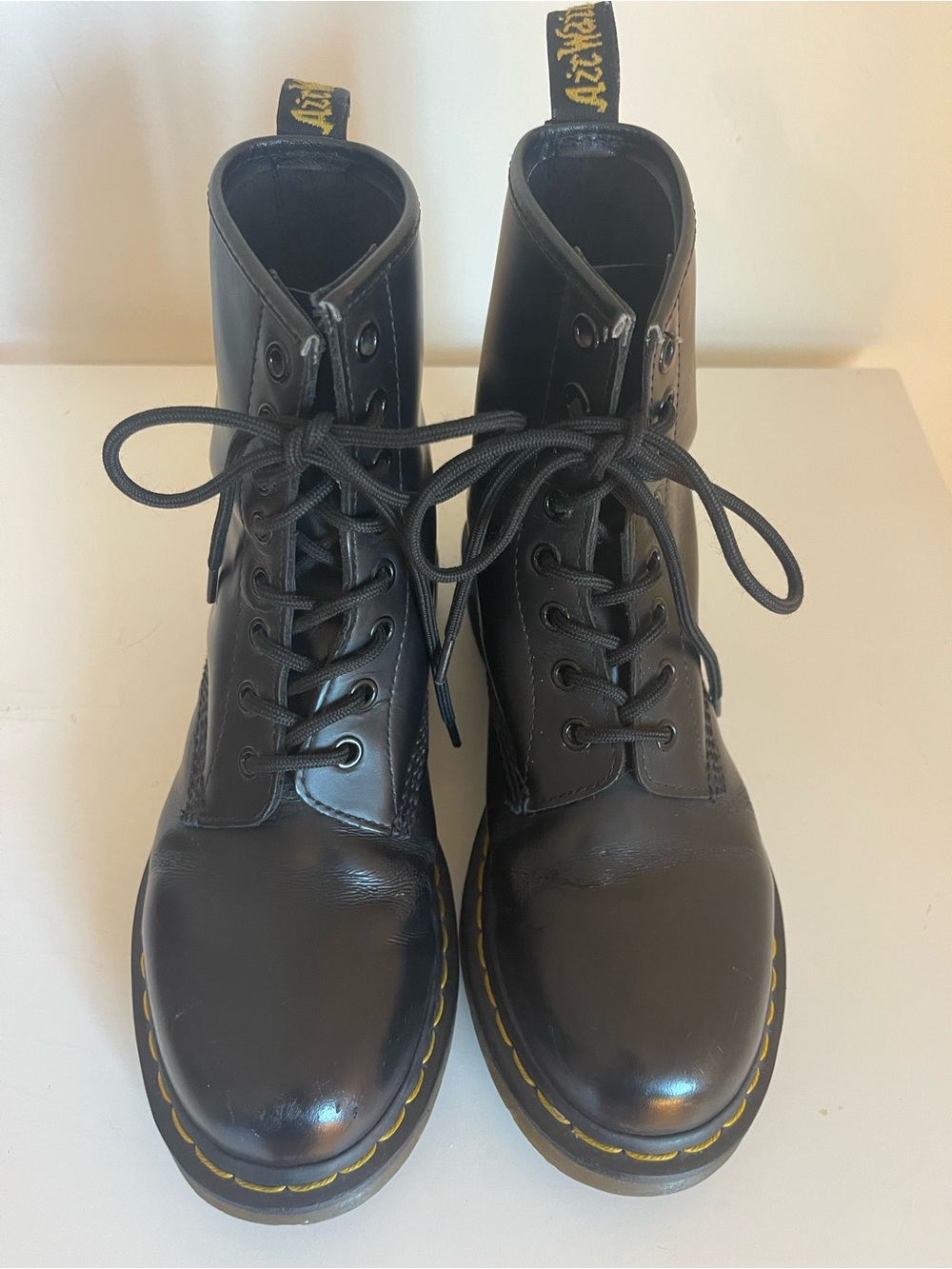 Dr. Martens Black Leather Lace-Up Combat Boots with Yellow Stitching